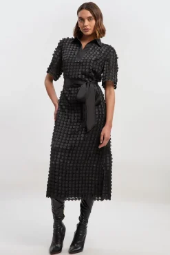 Robe Midi Tissée en Georgette Texturée avec Col Chemise en Satin