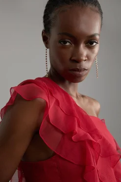 Robe midi tissée en géorgette premium en viscose avec panneaux et détails de volant