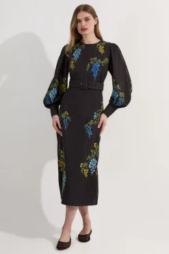 KarenMillen Robe midi tissée en lin-coton brodée de motifs floraux<Femme Toutes Les Robes|Robes Mi-Longues