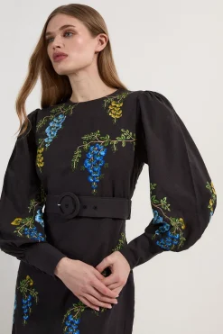 KarenMillen Robe midi tissée en lin-coton brodée de motifs floraux<Femme Toutes Les Robes|Robes Mi-Longues