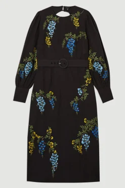 KarenMillen Robe midi tissée en lin-coton brodée de motifs floraux<Femme Toutes Les Robes|Robes Mi-Longues