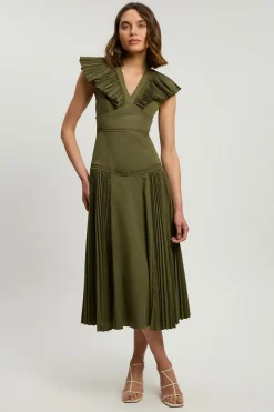 KarenMillen Robe Midi Tissée En Popeline De Coton Avec Détails Plissés<Femme Robes|Robes Longues