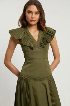 KarenMillen Robe Midi Tissée En Popeline De Coton Avec Détails Plissés<Femme Robes|Robes Longues