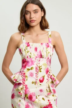 Robe Midi Tissée En Popeline De Coton À Imprimé Floral Dispersé Avec Détails À Baleines
