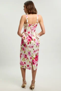 Robe Midi Tissée En Popeline De Coton À Imprimé Floral Dispersé Avec Détails À Baleines