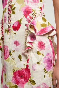 Robe Midi Tissée En Popeline De Coton À Imprimé Floral Dispersé Avec Détails À Baleines