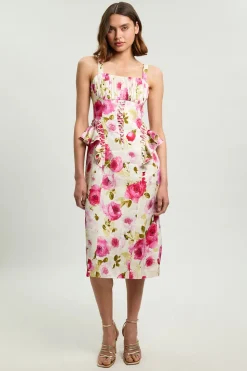 Robe Midi Tissée En Popeline De Coton À Imprimé Floral Dispersé Avec Détails À Baleines