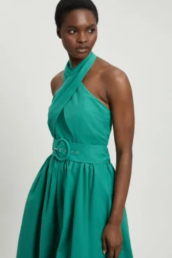 Robe Midi Tissée En Popeline De Coton Avec Encolure Licou Croisée