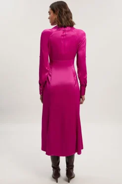 KarenMillen Robe Midi Tissée en Satin de Viscose à Col V et Manches Longues<Femme Robes Mi-Longues|Satin Et Dentelle