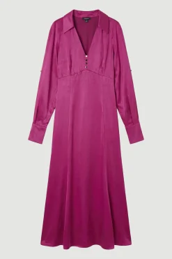 KarenMillen Robe Midi Tissée en Satin de Viscose à Col V et Manches Longues<Femme Robes Mi-Longues|Satin Et Dentelle