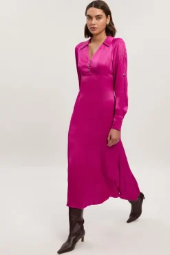 KarenMillen Robe Midi Tissée en Satin de Viscose à Col V et Manches Longues<Femme Robes Mi-Longues|Satin Et Dentelle