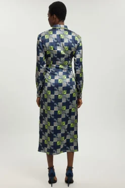 Robe Midi Tissée En Satin Martelé À Imprimé Géométrique Avec Taille Nouée Petite