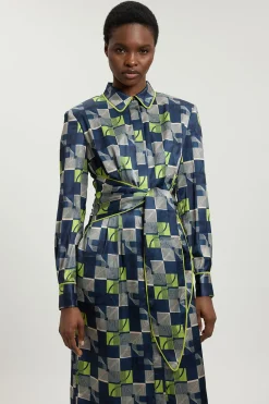 Robe Midi Tissée En Satin Martelé À Imprimé Géométrique Avec Taille Nouée Petite