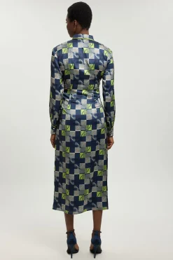 Robe Midi Tissée En Satin Martelé À Imprimé Géométrique Avec Ceinture À Nouer