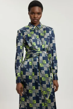 Robe Midi Tissée En Satin Martelé À Imprimé Géométrique Avec Ceinture À Nouer