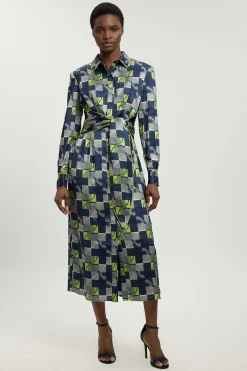 Robe Midi Tissée En Satin Martelé À Imprimé Géométrique Avec Ceinture À Nouer