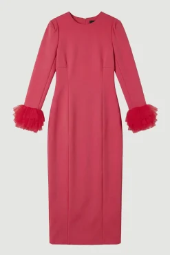 Robe Midi Tissée en Scuba avec Détail de Tulle aux Poignets