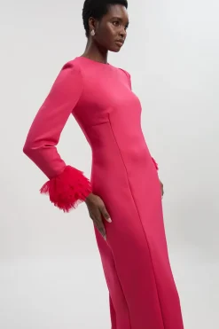 Robe Midi Tissée en Scuba avec Détail de Tulle aux Poignets