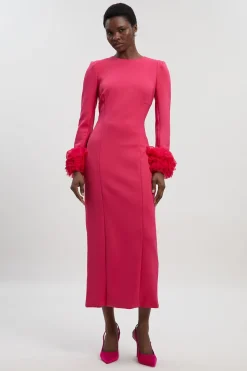 Robe Midi Tissée en Scuba avec Détail de Tulle aux Poignets