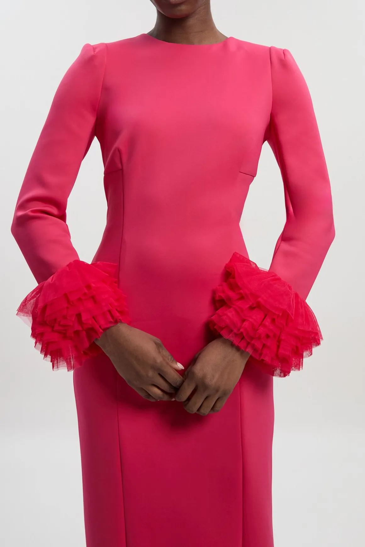 Robe Midi Tissée en Scuba avec Détail de Tulle aux Poignets