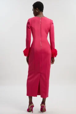Robe Midi Tissée en Scuba avec Détail de Tulle aux Poignets
