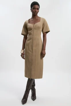 KarenMillen Robe Midi Tissée En Tencel Coton Avec Surpiqûres Contrastantes Et Fermeture Éclair Frontale<Femme Toutes Les Robes|Robes D’Automne