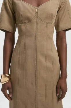 KarenMillen Robe Midi Tissée En Tencel Coton Avec Surpiqûres Contrastantes Et Fermeture Éclair Frontale<Femme Toutes Les Robes|Robes D’Automne