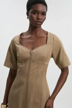 KarenMillen Robe Midi Tissée En Tencel Coton Avec Surpiqûres Contrastantes Et Fermeture Éclair Frontale<Femme Toutes Les Robes|Robes D’Automne