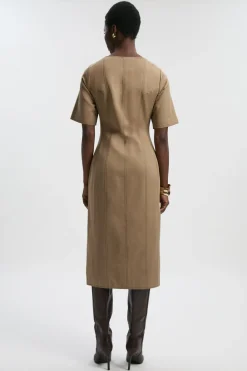 KarenMillen Robe Midi Tissée En Tencel Coton Avec Surpiqûres Contrastantes Et Fermeture Éclair Frontale<Femme Toutes Les Robes|Robes D’Automne