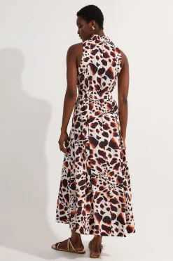 KarenMillen Robe midi tissée en viscose et lin premium avec surpiqûres, encolure halter et détail d'anneau en D<Femme Robes|Robes Mi-Longues