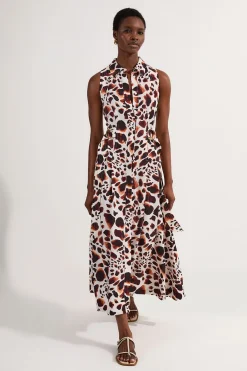 KarenMillen Robe midi tissée en viscose et lin premium avec surpiqûres, encolure halter et détail d'anneau en D<Femme Robes|Robes Mi-Longues