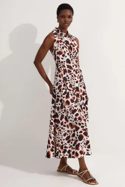 KarenMillen Robe midi tissée en viscose et lin premium avec surpiqûres, encolure halter et détail d'anneau en D<Femme Robes|Robes Mi-Longues