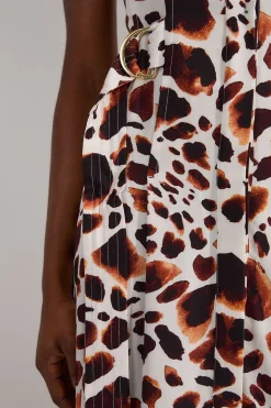 KarenMillen Robe midi tissée en viscose et lin premium avec surpiqûres, encolure halter et détail d'anneau en D<Femme Robes|Robes Mi-Longues