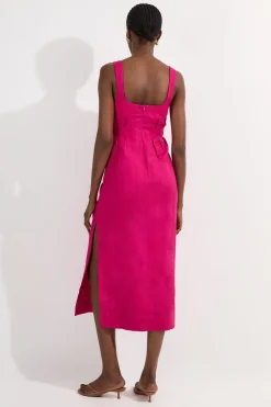 Robe midi tissée en viscose et lin avec détails froncés et fines bretelles