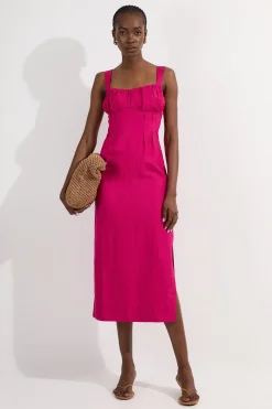 Robe midi tissée en viscose et lin avec détails froncés et fines bretelles