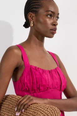 Robe midi tissée en viscose et lin avec détails froncés et fines bretelles