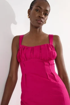 Robe midi tissée en viscose et lin avec détails froncés et fines bretelles