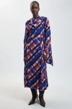Robe Midi Tissée En Viscose À Imprimé Carreaux Avec Détail Foulard