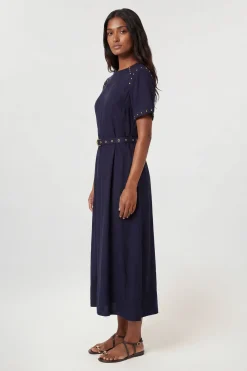 KarenMillen Robe Midi Tissée En Viscose Lin Premium Petite Avec Détails Cloutés<Femme Robes|Robes Mi-Longues