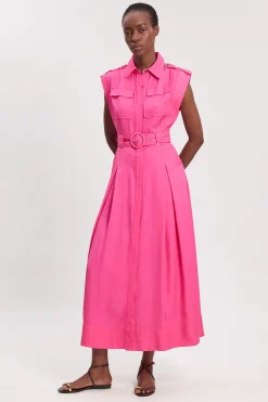 KarenMillen Robe Midi Tissée En Viscose Lin Premium Avec Ceinture Et Détails De Quincaillerie Dorée<Femme Toutes Les Robes|Robes