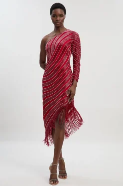 Robe Midi Tissée à Franges avec Fente Haute et Ornements