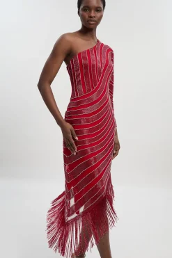 Robe Midi Tissée à Franges avec Fente Haute et Ornements