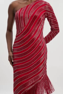 Robe Midi Tissée à Franges avec Fente Haute et Ornements