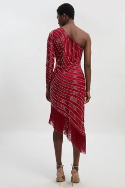 Robe Midi Tissée à Franges avec Fente Haute et Ornements