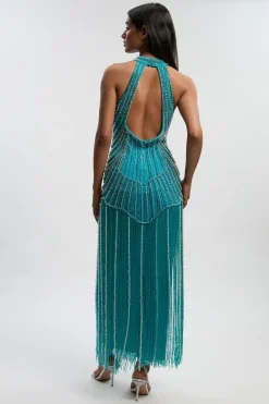 Robe Midi Tissée À Franges Ornée De Cristaux