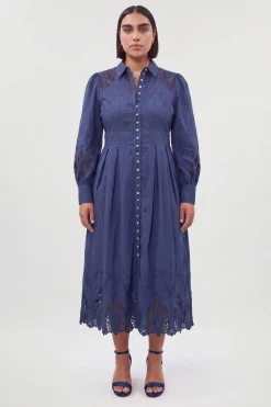 KarenMillen Robe Midi Tissée Grande Taille En Coton Avec Broderie Ajourée Et Manches Ballon<Femme Toutes Les Robes|Robes Mi-Longues