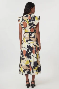 Robe Midi Tissée À Imprimé Abstrait En Viscose Lin Avec Manches À Volants