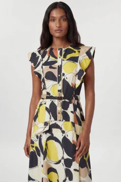 Robe Midi Tissée À Imprimé Abstrait En Viscose Lin Avec Manches À Volants