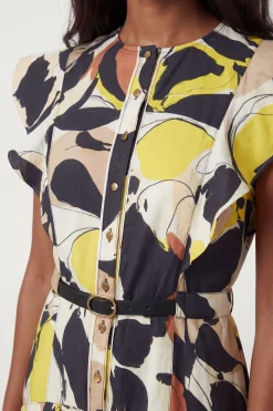 Robe Midi Tissée À Imprimé Abstrait En Viscose Lin Avec Manches À Volants