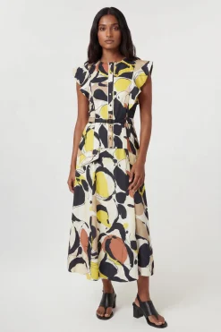 Robe Midi Tissée À Imprimé Abstrait En Viscose Lin Avec Manches À Volants